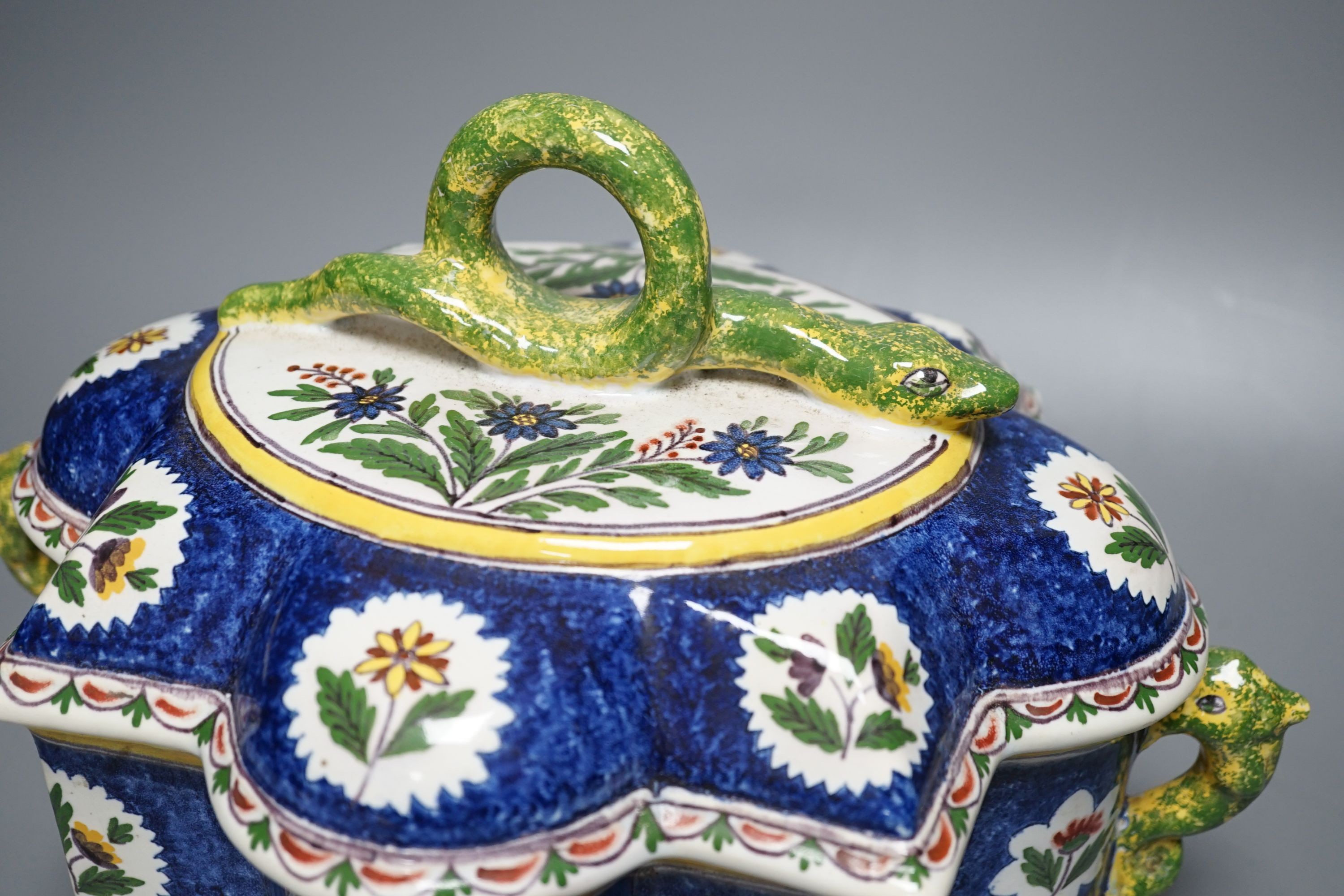 A Belgian Faience casket with ‘snake’ handles 30cm